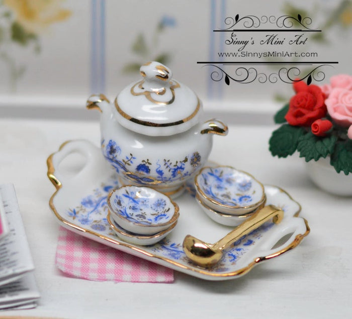 1:12 Dollhouse Miniature Gold Blue Onion Soup Set/Miniature Kitchenware RP 1.643/5