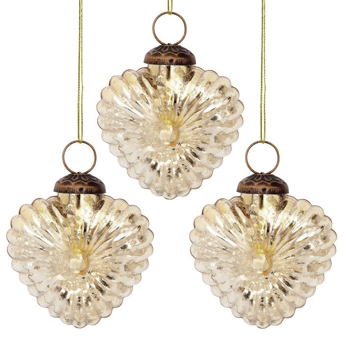3-PACK | Small Glass Ornament (3-Inch, Gold, Viola Heart Design) - Luna Bazaar | Boho & Vintage Style Decor