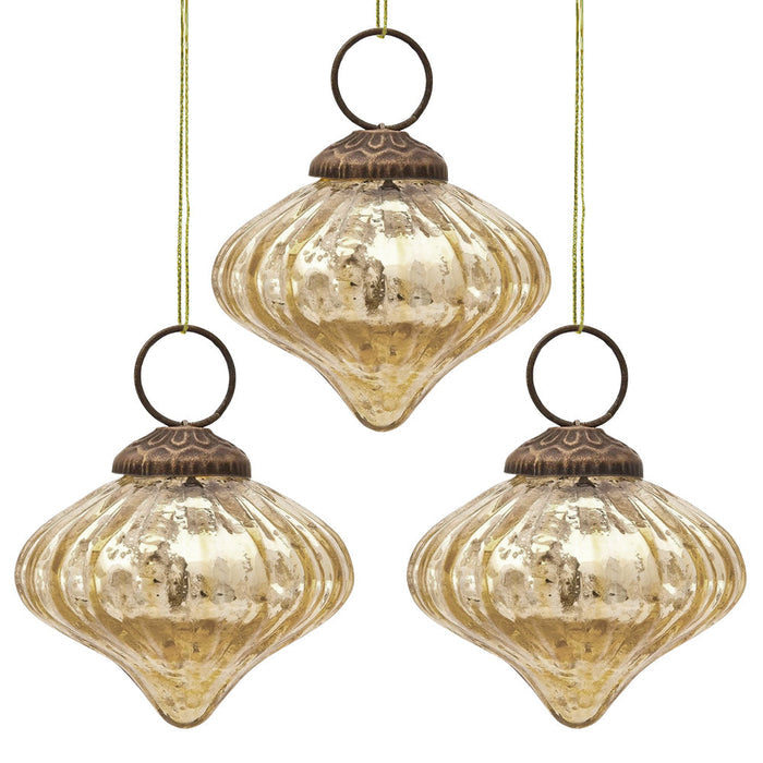 3-PACK | Small Mercury Glass Ornaments (2.5-inch, Gold, Lucy Design) - Luna Bazaar | Boho & Vintage Style Decor