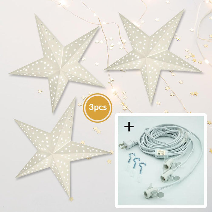 White Starry Night 24 Inch Illuminated Paper Star Lanterns and Lamp Cord Hanging Decorations (3-PACK + CORD + BULBS)