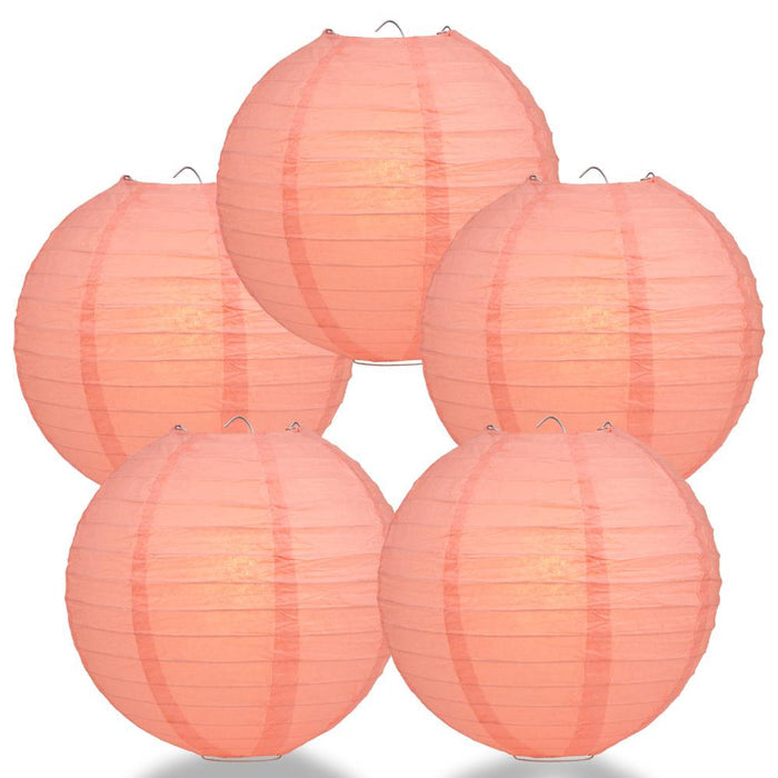 5-Pack 12 Inch Roseate / Pink Coral Parallel Ribbing Round Paper Lanterns - Luna Bazaar | Boho & Vintage Style Decor