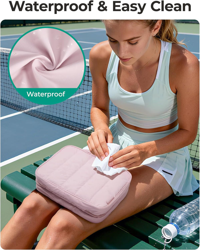 water-resistant, easy-clean polyester fabric with dedicated leak-proof pocket