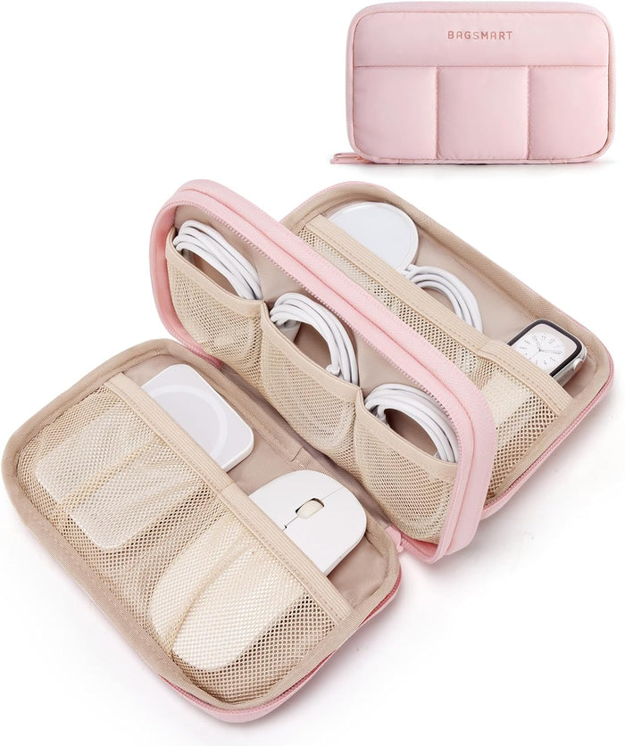 dual-layer interior with 2 spacious mesh pockets and 6 expandable mesh pouches with elastic cable loops
