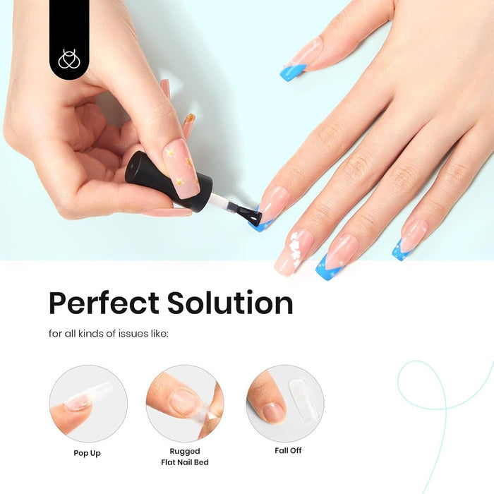 product line includes 7.5ml standard, 15g and 30g solid forms, 20g hands-free bottle, plus 288pc nail tip kits in almond, coffin, and square shapes