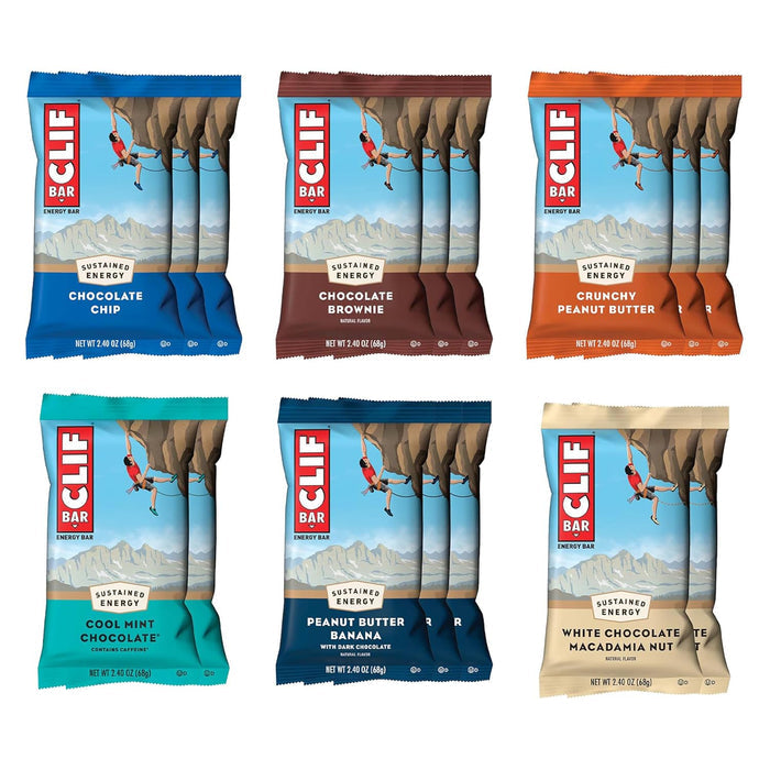 16-bar variety pack with 6 flavors (chocolate chip, crunchy peanut butter, white chocolate macadamia nut, cool mint chocolate, peanut butter banana dark chocolate, chocolate brownie)