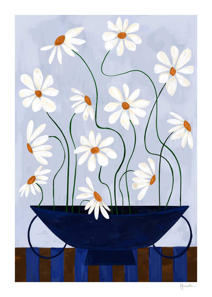 Daisies in Blue Vase by Frankie Penwill