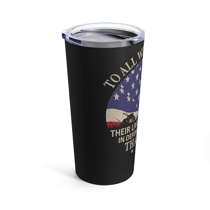 Defenders of the Flag: 20oz Black Military Design Tumbler - Thank You for Your Service