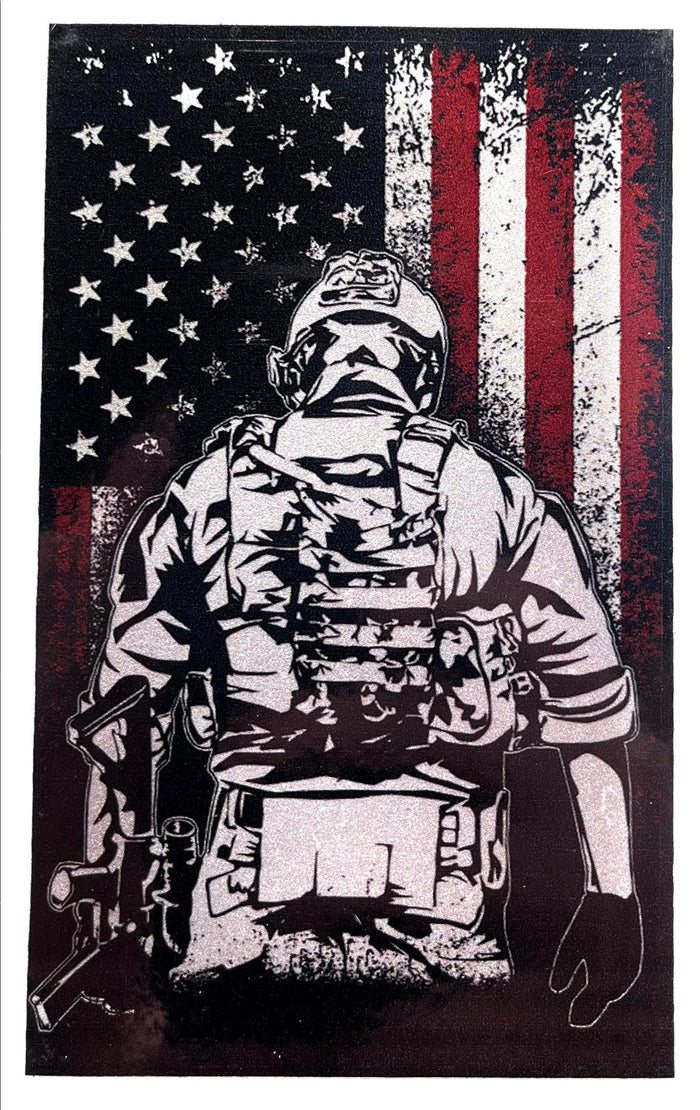 Distressed American Flag Decal-Soldier Facing Flag.