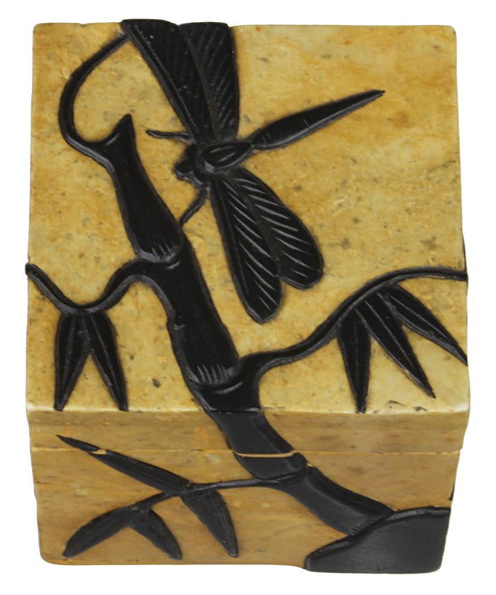 Dragon Fly on Bamboo Plant - Soapstone Trinket Decor Box - Niger Bend