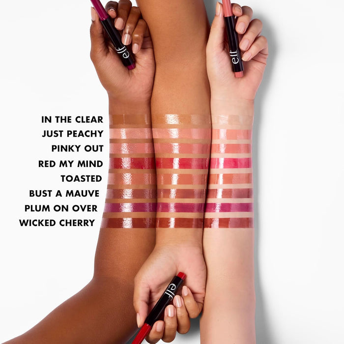 sheer-to-light color payoff in 8 shade options including clear, mauve, cherry, plum, and red