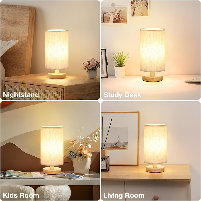 Fenmzee Small Table Lamp for Bedroom - Style-Forward Bedside Lamp with Cream Linen Shade and Warm Wood Base