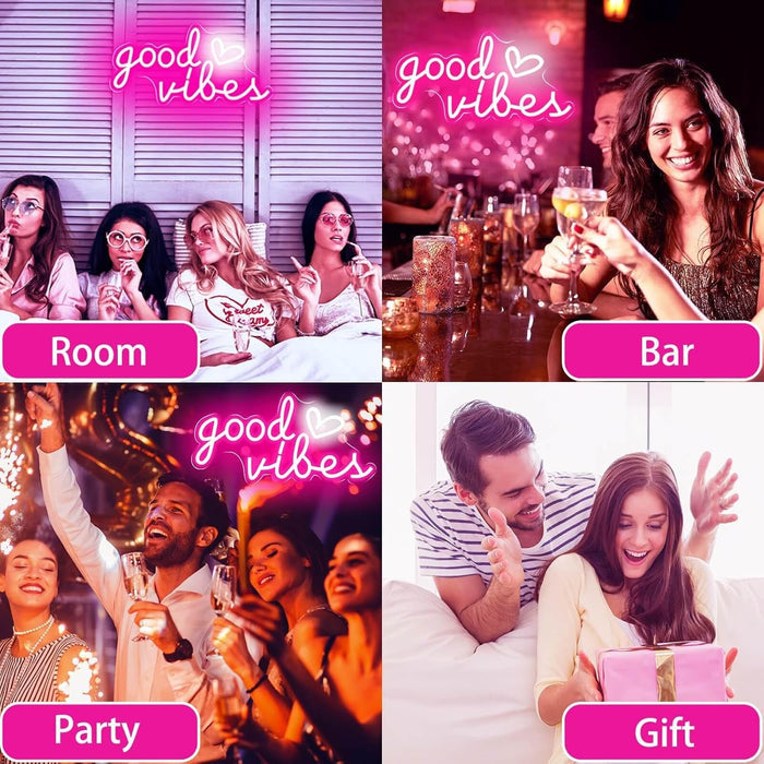 Good Vibes Neon Sign – Modern Neon Wall Art for Living Room, 16x8 Inch Heart LED Light Sign