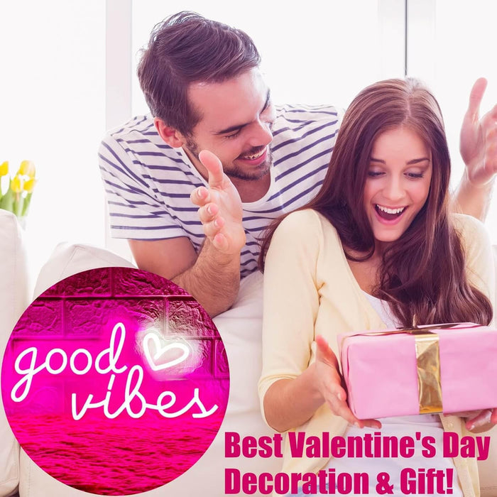 Good Vibes Neon Sign – Modern Neon Wall Art for Living Room, 16x8 Inch Heart LED Light Sign