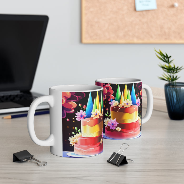 Happy Birthday Rainbow Cake Celebration #27 Ceramic 11oz Mug AI-Generated Artwork
