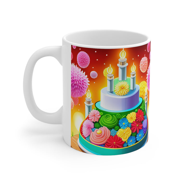 Happy Birthday Rainbow Cake Celebration #29 Ceramic 11oz Mug AI-Generated Artwork