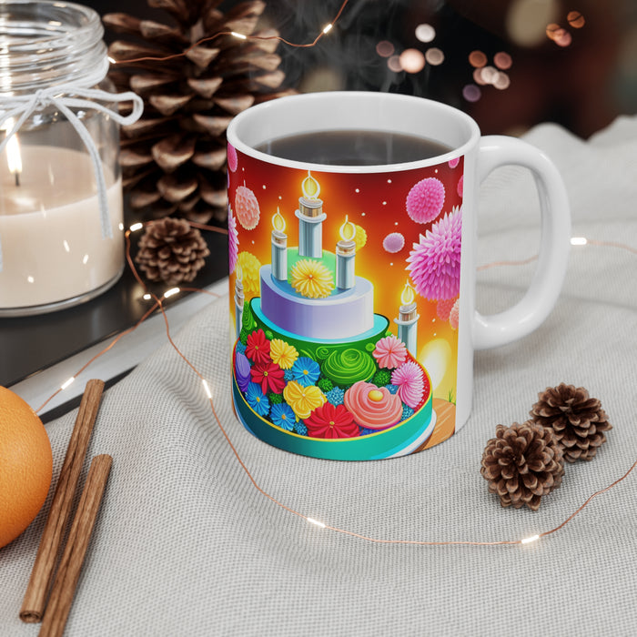 Happy Birthday Rainbow Cake Celebration #29 Ceramic 11oz Mug AI-Generated Artwork