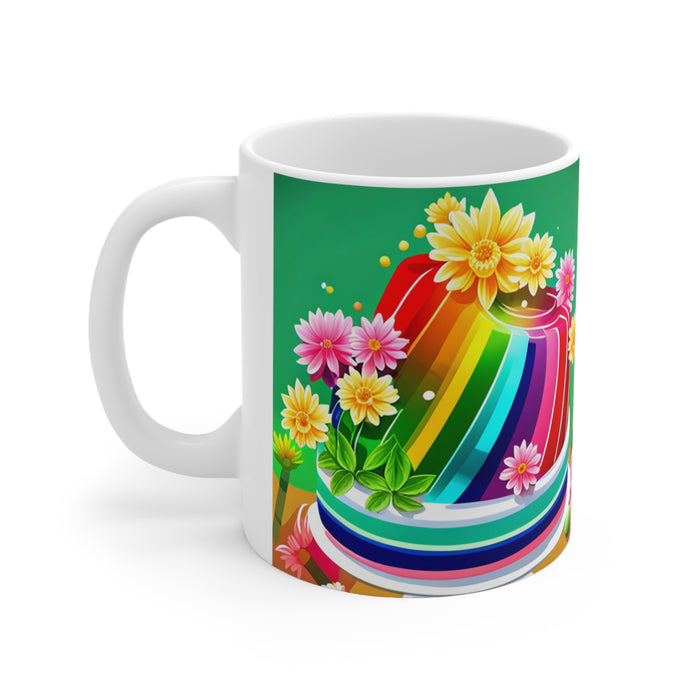 Happy Birthday Rainbow Jello Cake Celebration #28 Ceramic 11oz Mug AI-Generated Artwork