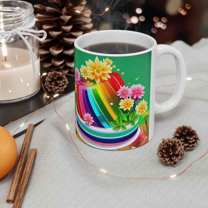 Happy Birthday Rainbow Jello Cake Celebration #28 Ceramic 11oz Mug AI-Generated Artwork