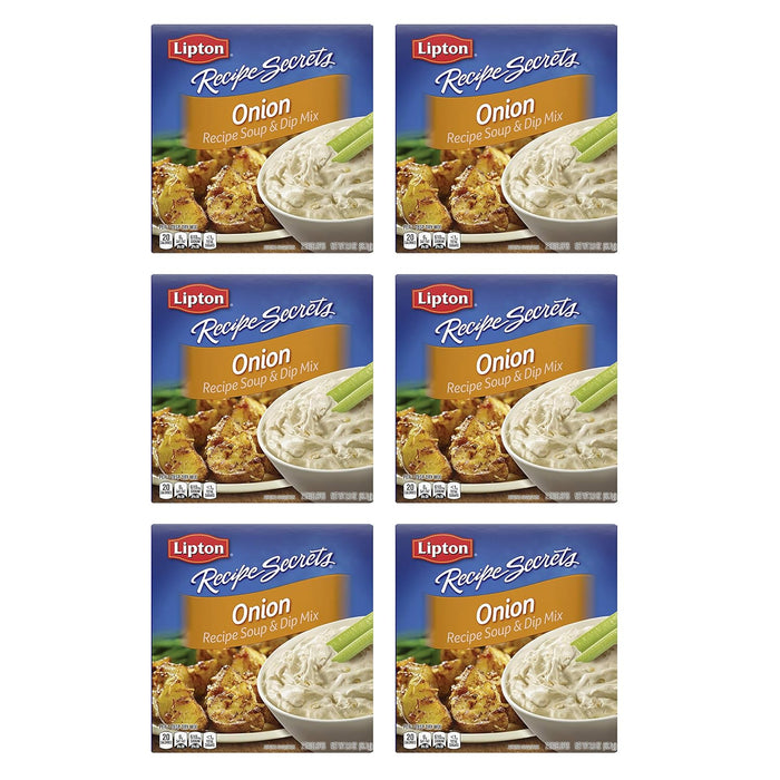 six individually portioned 2 oz envelopes of dry onion soup and dip mix