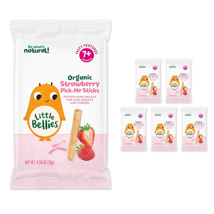 puffed organic corn sticks lightly sprinkled with strawberry