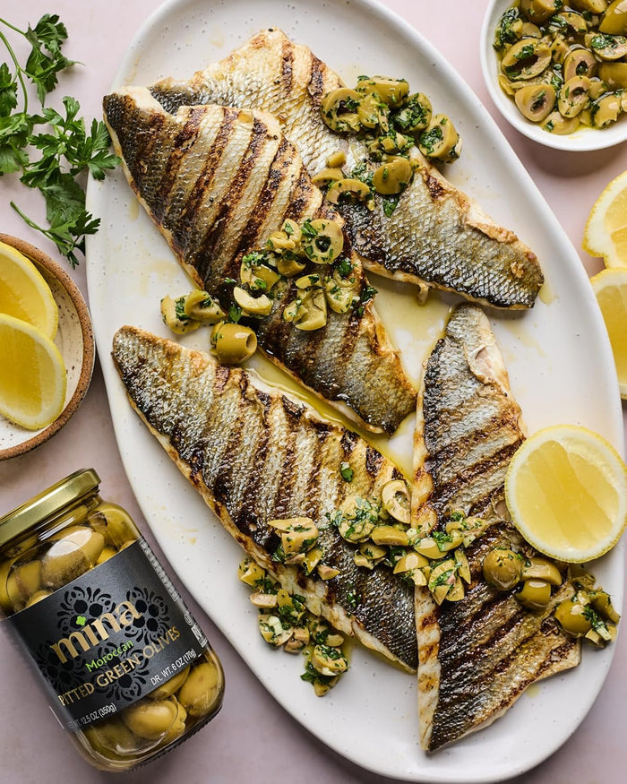 Mina Pitted Green Olives – Low-Calorie Jarred Snack for Your Self-Care Snack Drawer and Wellness Fridge