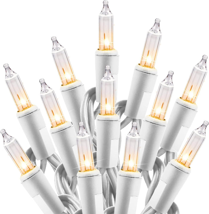 100 incandescent mini bulbs on 25 ft white wire with 2.5-inch spacing