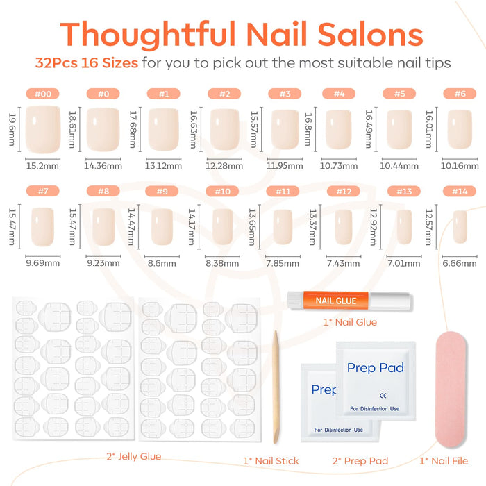 full accessory kit included: prep pad, cuticle stick, double-sided nail file, glue, and 2 sheets of adhesive tabs