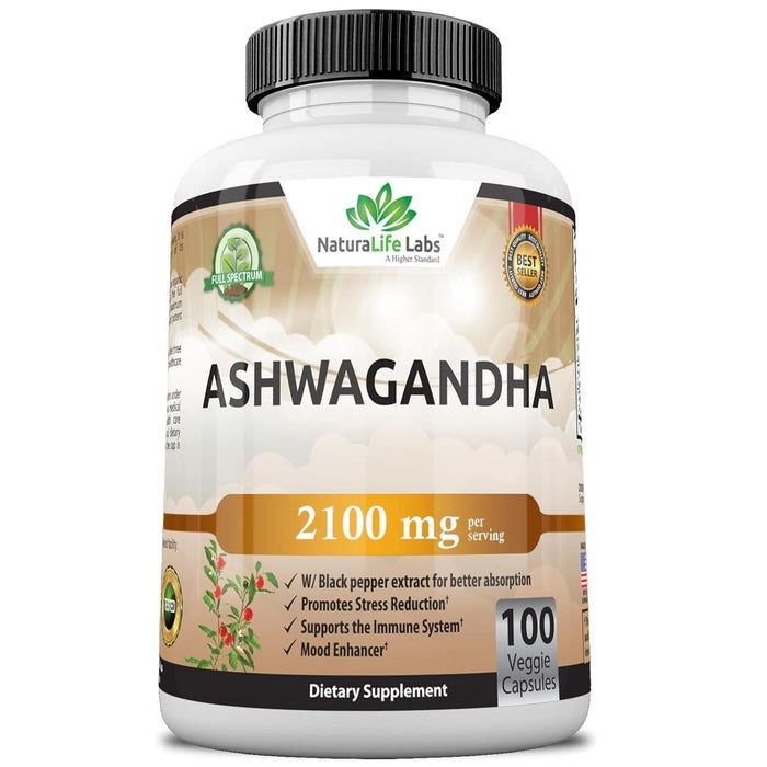 2,100 mg ashwagandha per serving combining organic root powder and standardized root extract