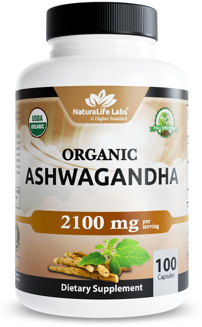 NaturaLife Labs Organic Ashwagandha 2100 mg per Serving – Herbal Supplement Root Powder &amp;amp; Extract – 100 Capsules – Vegan, Non-GMO, Gluten-Free
