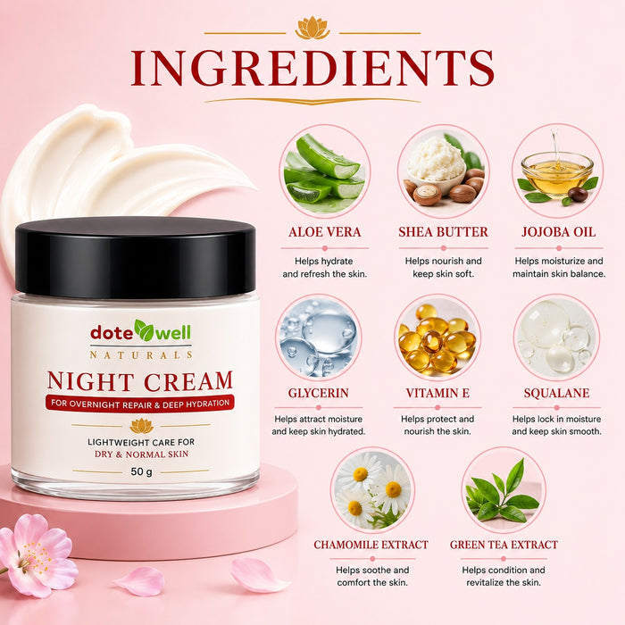 Night Cream for Overnight Repair & Deep Hydration | Skin Brightening for Dull & Dry Skin | 50g