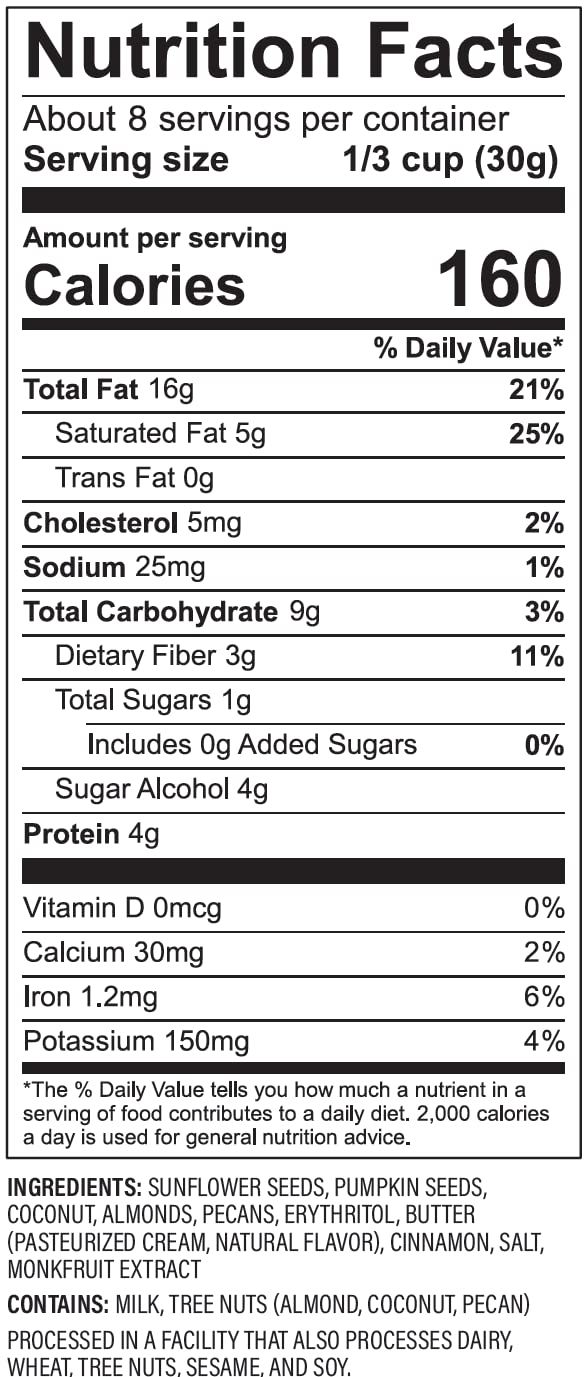 ingredient blend of sunflower seeds, pumpkin seeds, coconut, almonds, and pecans