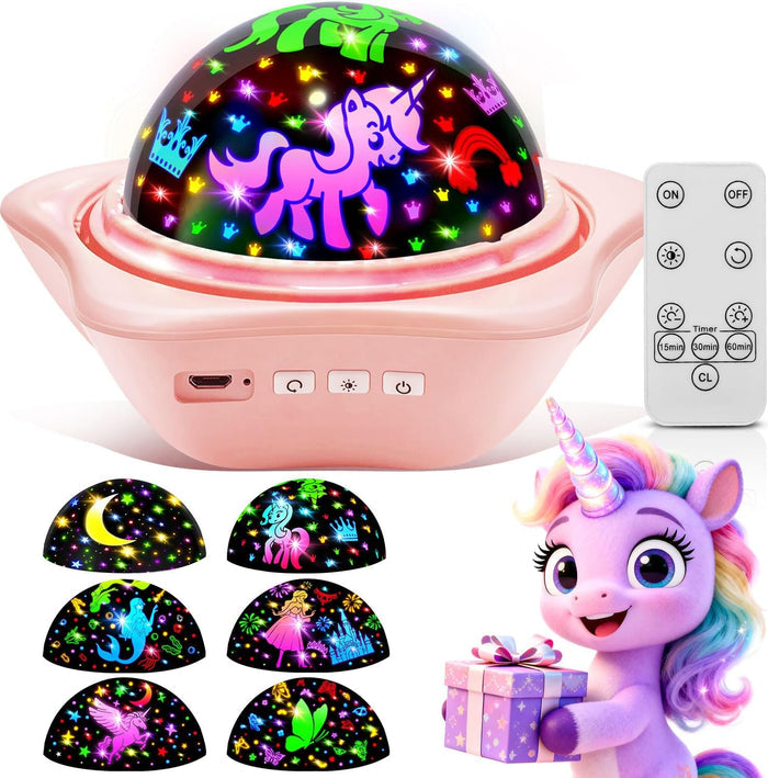 6 interchangeable slide films: pony, little mermaid, princess, stars, butterfly, flying unicorn