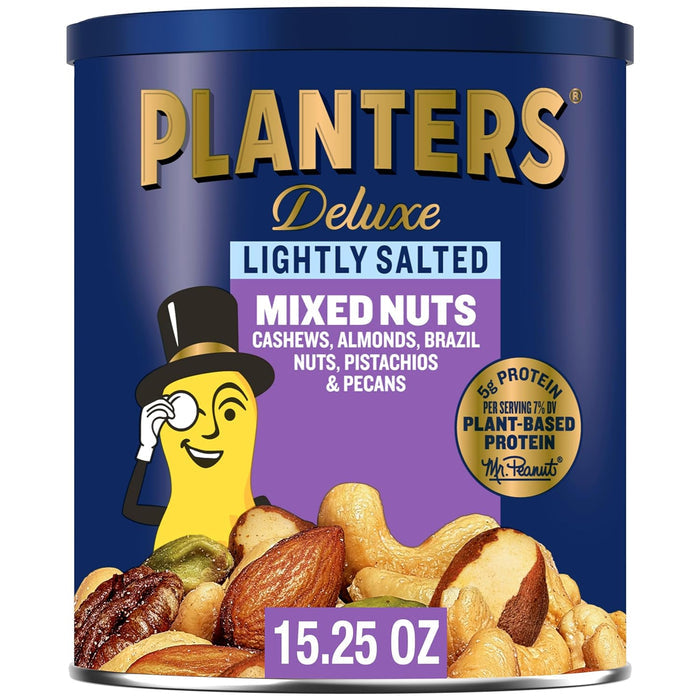 five-nut blend: cashews, almonds, hazelnuts, pistachios, and pecans (deluxe/salted variants include brazil nuts per description)