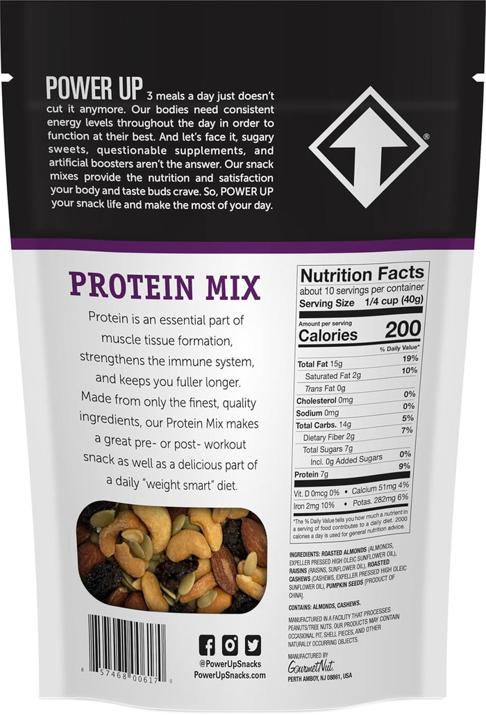 blend of almonds, cashews, jumbo raisins, and pumpkin seeds (no peanuts)