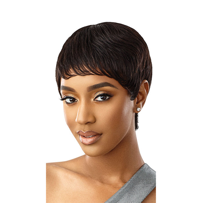 OUTRE short pixie 100% human hair full cap wig in dark brown on model with side swept bangs