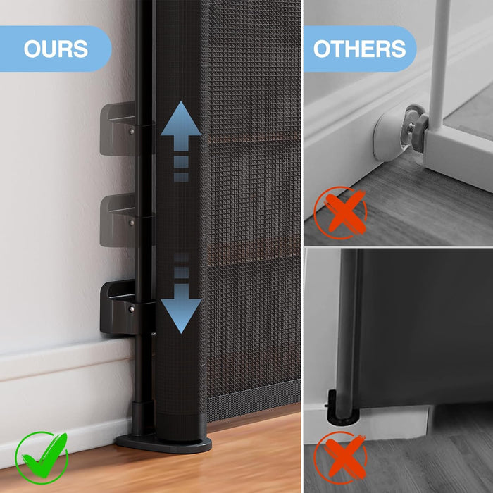 adjustable-height lower bracket that moves up and down to clear baseboards