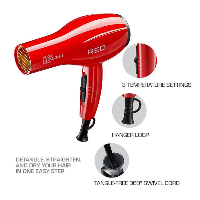 RED BEAUTY by KISS red 2000 detangler hair dryer ceramic detangler dryer with attachments 3 temperature settings hanger loop