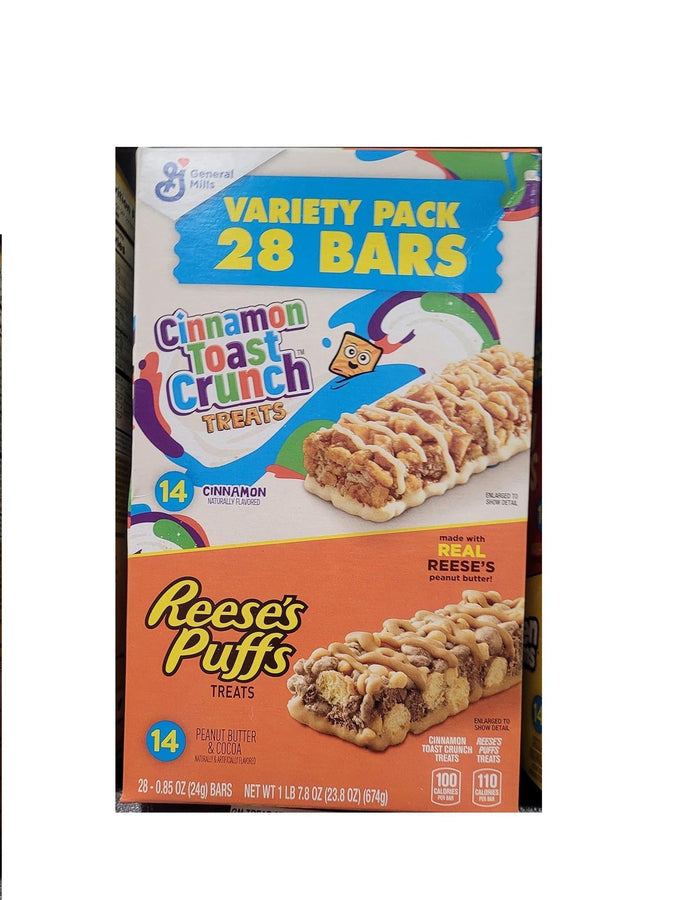 28-count variety pack containing 14 reese's puffs peanut butter & cocoa bars and 14 cinnamon toast crunch bars