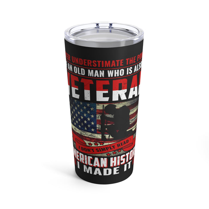 Resilient and Legendary: 20oz Black Military Design Tumbler - Old Man Veteran Shaping American History