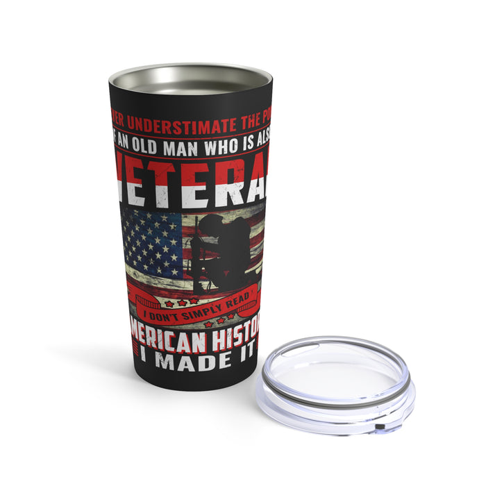 Resilient and Legendary: 20oz Black Military Design Tumbler - Old Man Veteran Shaping American History