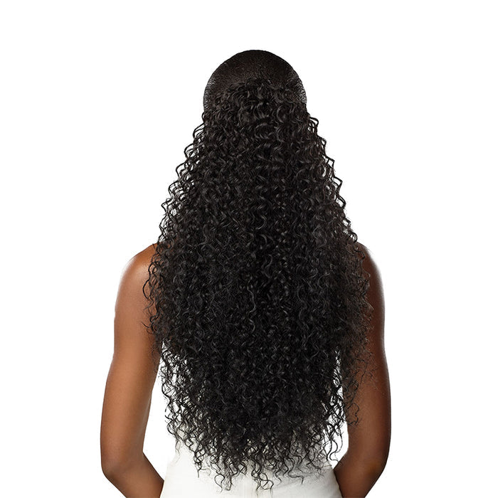 SENSATIONNEL long dark natural curly ponytail hair extension on model showing full length and texture