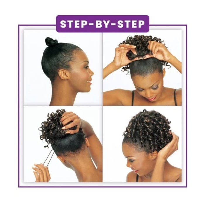 Step by step images showing a model attaching a SENSATIONNEL curly ponytail hair extension to a bun