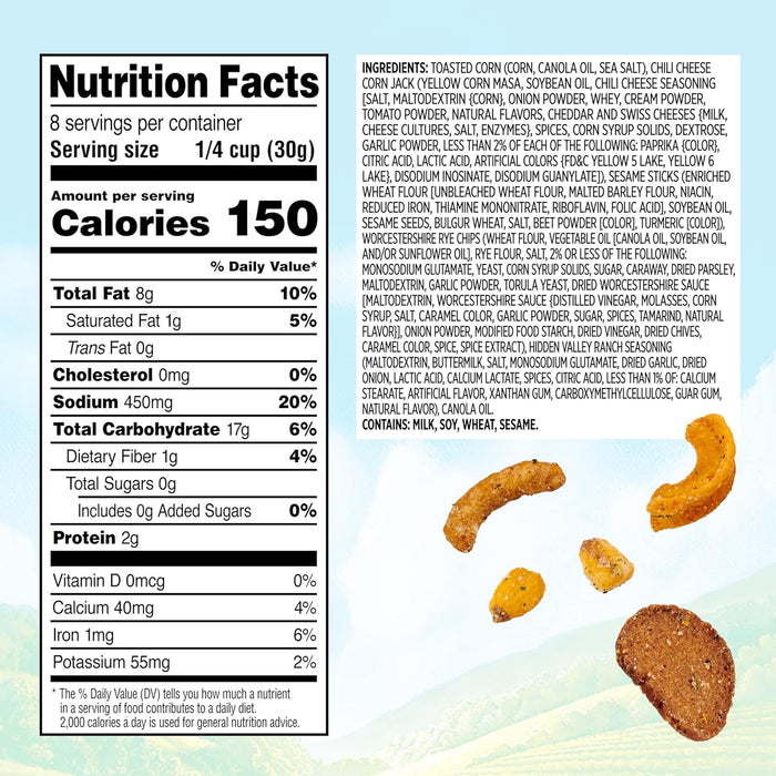 multi-component blend: toasted corn, chili cheese corn jacks, sesame sticks, and rye chips