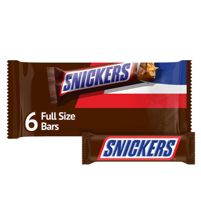 11.16 oz bag containing full-size snickers bars in nfl football-themed packaging
