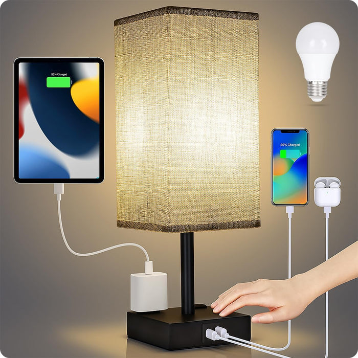 Soilsiu 3-Way Dimmable Table Lamp with Pleated Shade, Cozy Bedroom Decor Light with USB Charging Ports