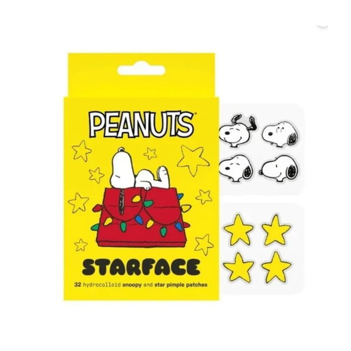 32 hydrocolloid pimple patches per pack featuring four snoopy face designs and yellow star doodles