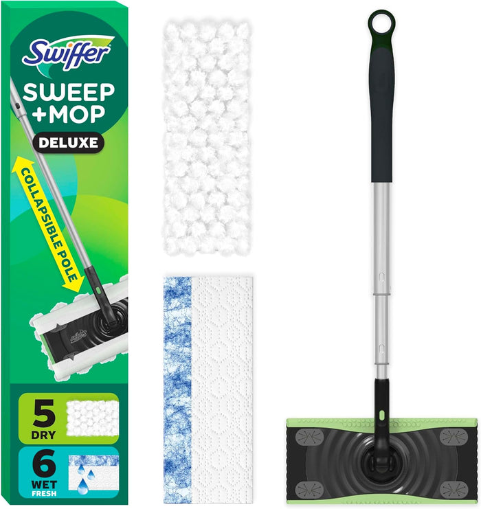 2-in-1 sweep and mop device with replaceable dry sweeping and wet mopping cloths