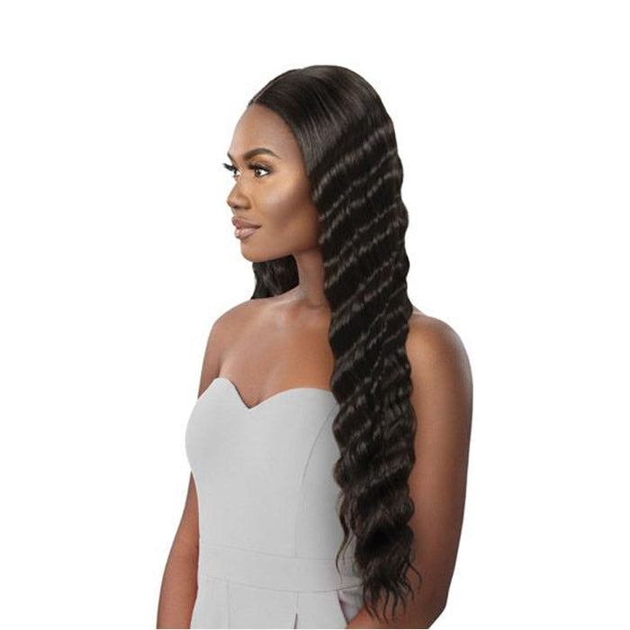 OUTRE 28 inch lace front wig long deep wave dark brown center part natural hairline on model