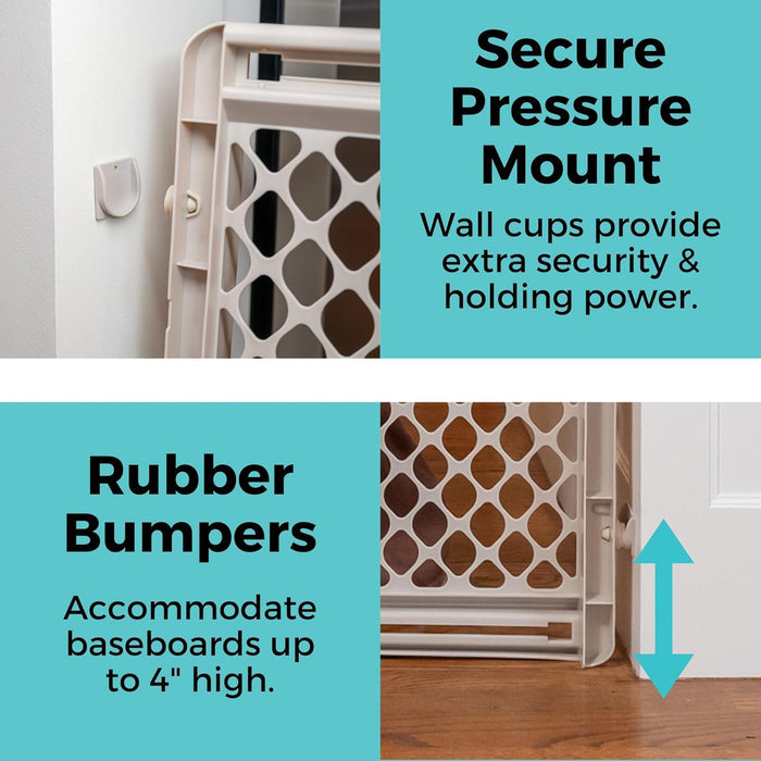 jpma-certified safety gate, proudly made in the usa, available in ivory and sand color variants