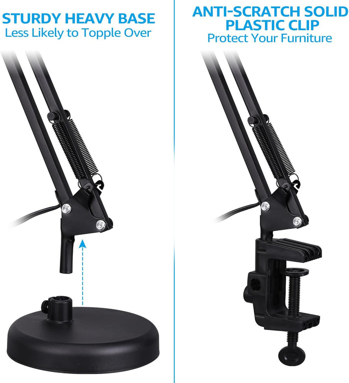 spring-balanced swing arm extending up to 18 inches with rotatable base and shade